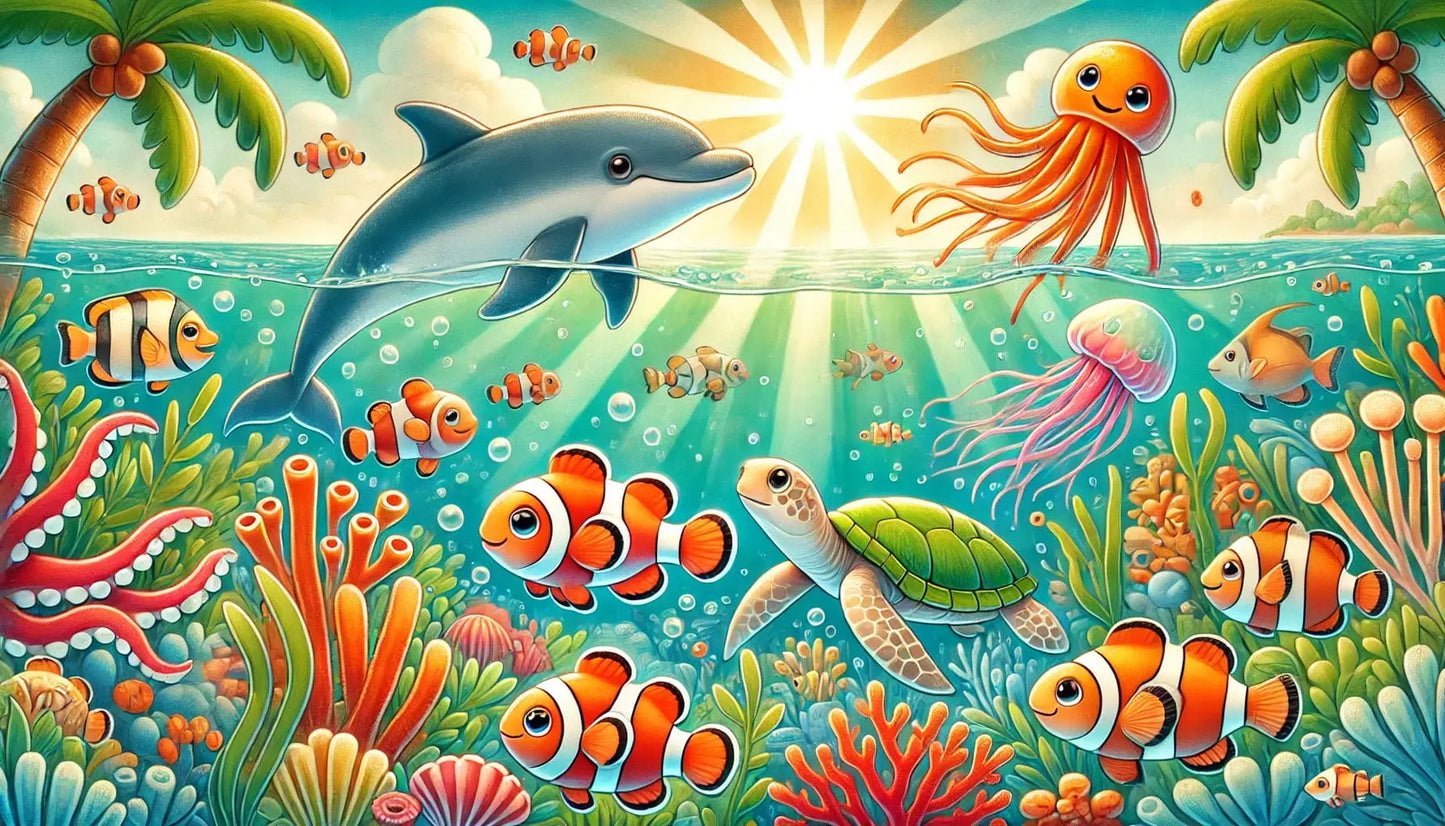 Bunte Fische, Korallen und Meerespflanzen unter Wasser bei Sonnenschein.