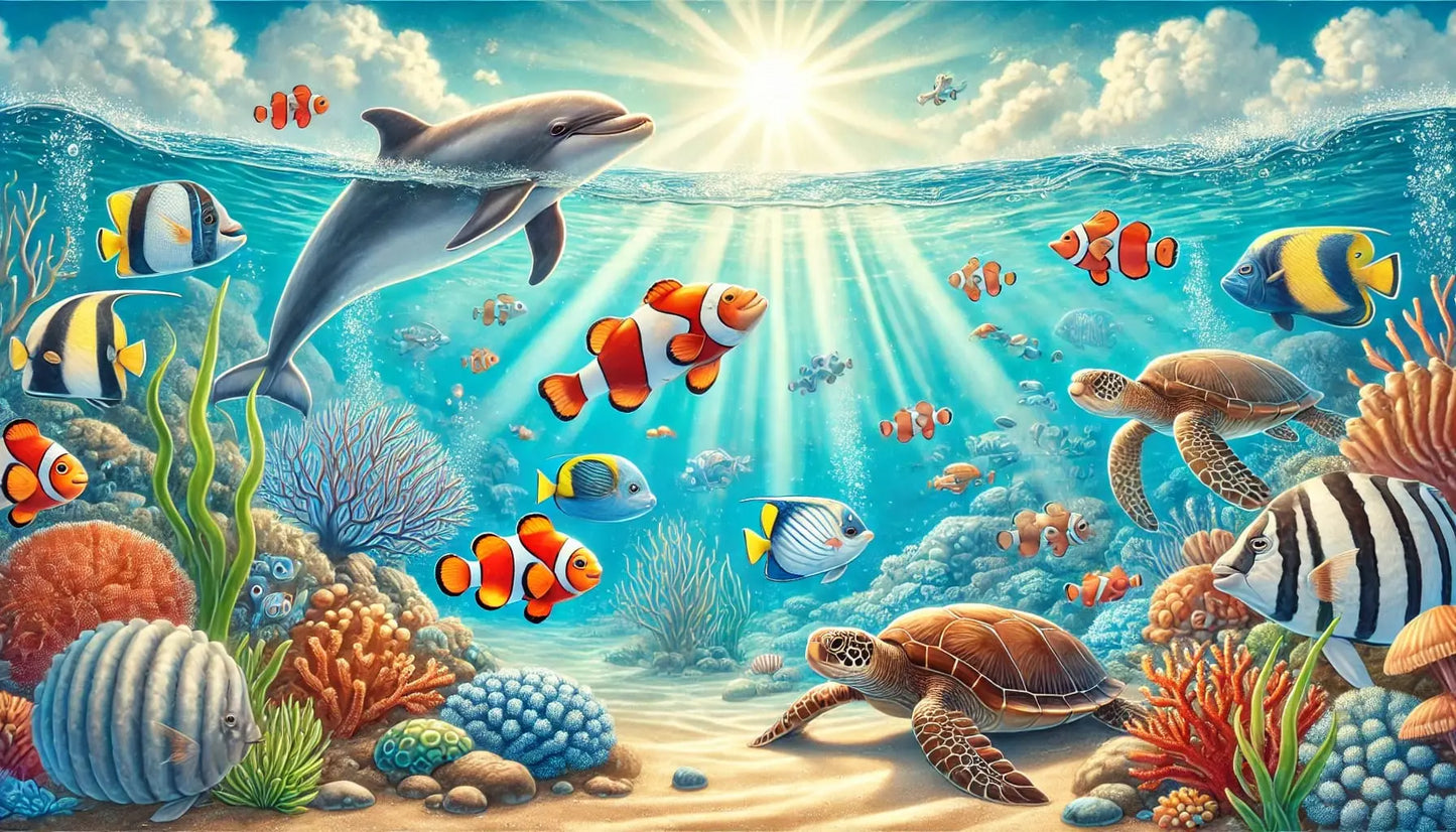 Delfine, Rochen und bunte Fische in klarem Wasser mit Sonnenlicht.