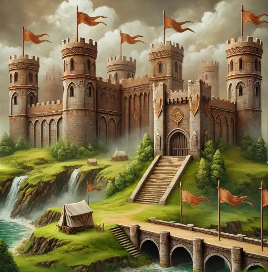 Märchenhafte Burg mit Türmen auf einem Hügel – umgeben von Wasserfällen und grüner Landschaft.