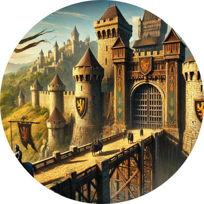 Große Burganlage mit Zugbrücke und Türmen, detailreich im mittelalterlichen Stil gestaltet.