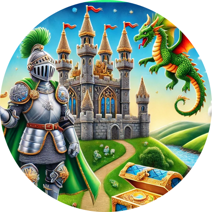 Burg mit Zugbrücke und fröhlichen Rittern, Kinderstil mit Spielbrett-Elementen