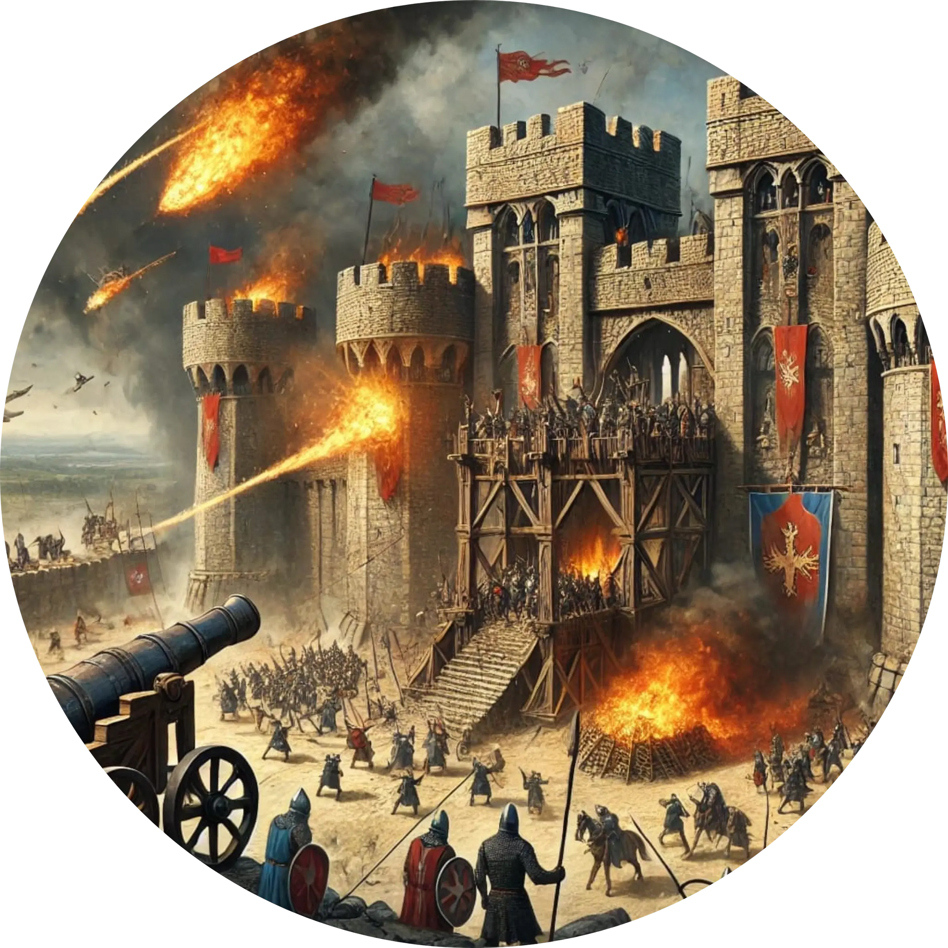 Burg unter Beschuss. Eine Burg wird verteidigt. Überall sind Feuer. Eine actionreiche Szene. 