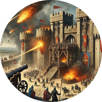 Burg unter Beschuss. Eine Burg wird verteidigt. Überall sind Feuer. Eine actionreiche Szene. 