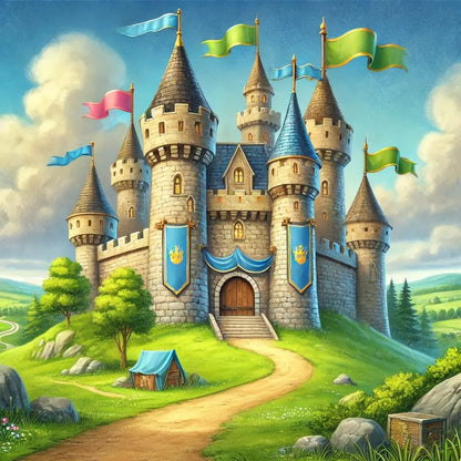 Burghof mit Rittern, Türmen und bunten Wimpeln – kindlich illustriert