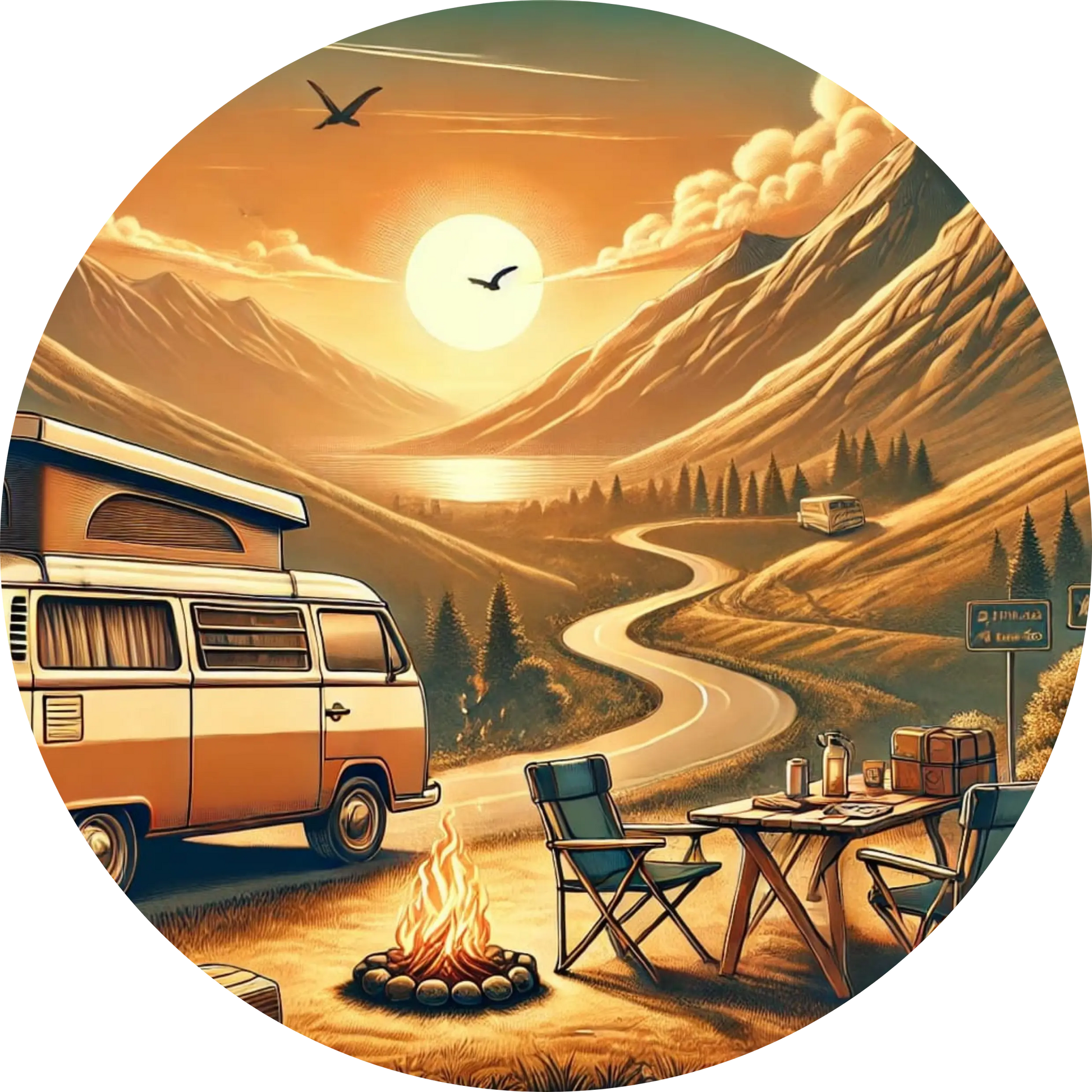 Campingplatz mit Wohnwagen, Lagerfeuer und Zelt in idyllischer Waldlandschaft bei Sonnenuntergang.

