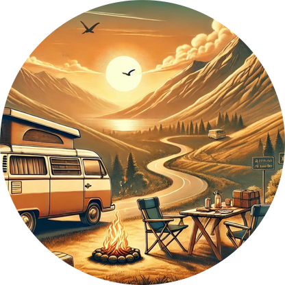 Campingplatz mit Wohnwagen, Lagerfeuer und Zelt in idyllischer Waldlandschaft bei Sonnenuntergang.

