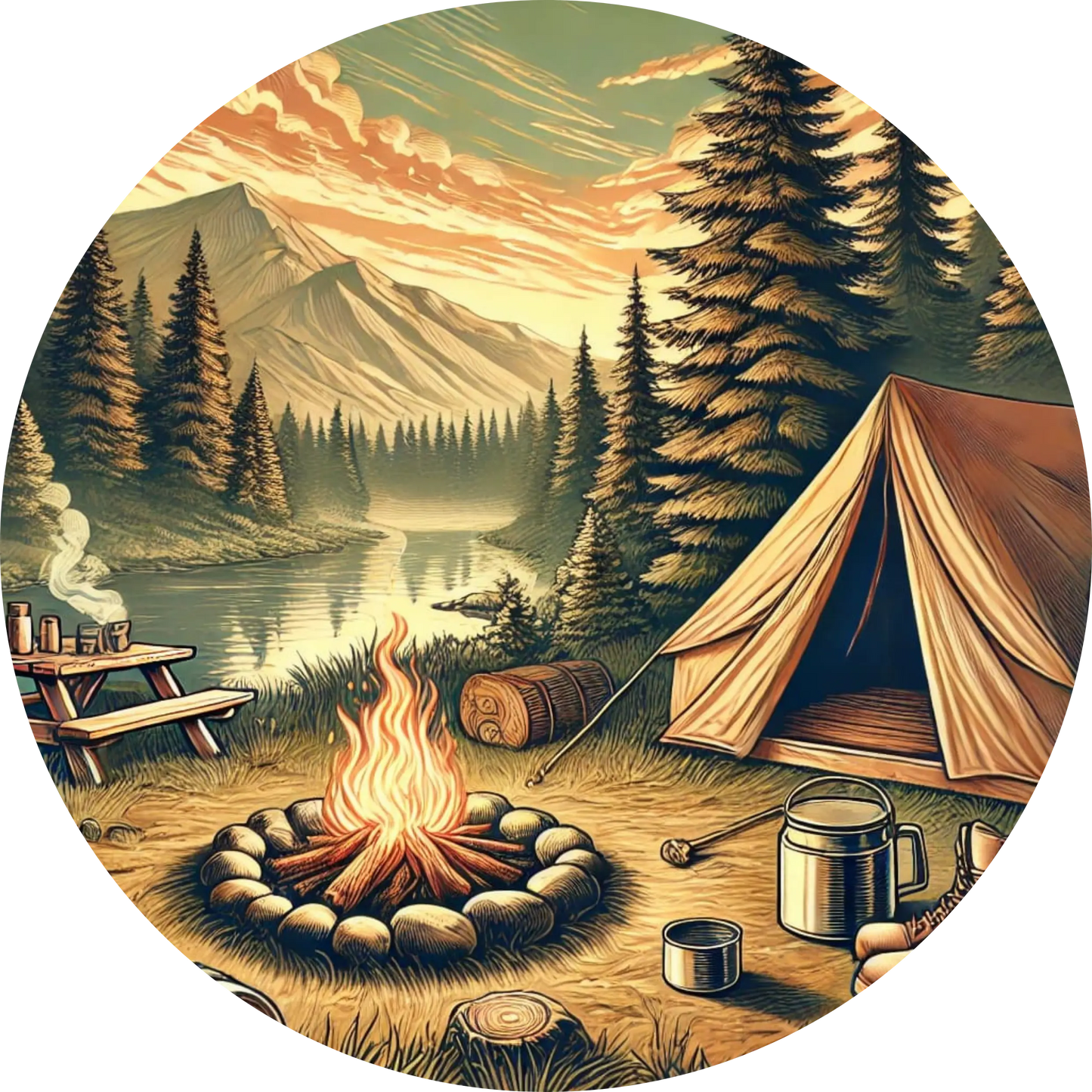 Campingplatz Lagerfeuer und Zelt in idyllischer Waldlandschaft bei Sonnenuntergang.

