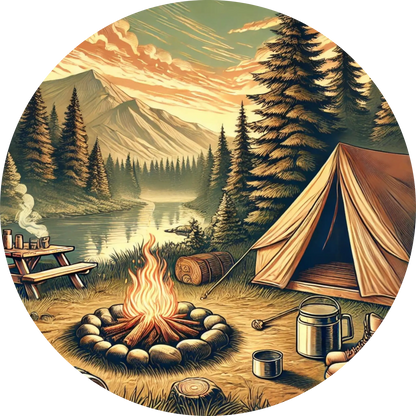 Campingplatz Lagerfeuer und Zelt in idyllischer Waldlandschaft bei Sonnenuntergang.

