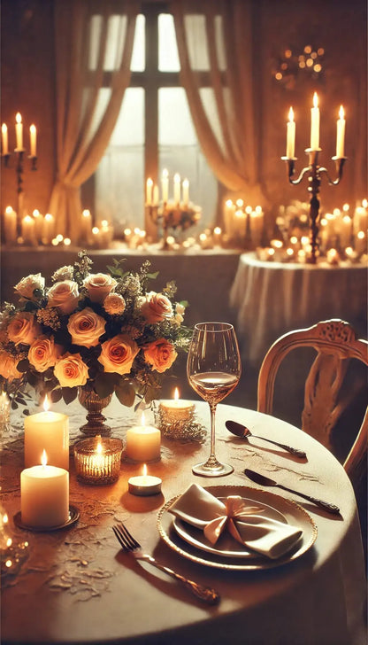 Romantisch gedeckter Tisch mit Kerzen, Rosen und edlem Geschirr – stimmungsvolle Atmosphäre für ein Candle-Light-Dinner oder Hochzeitsfeier.