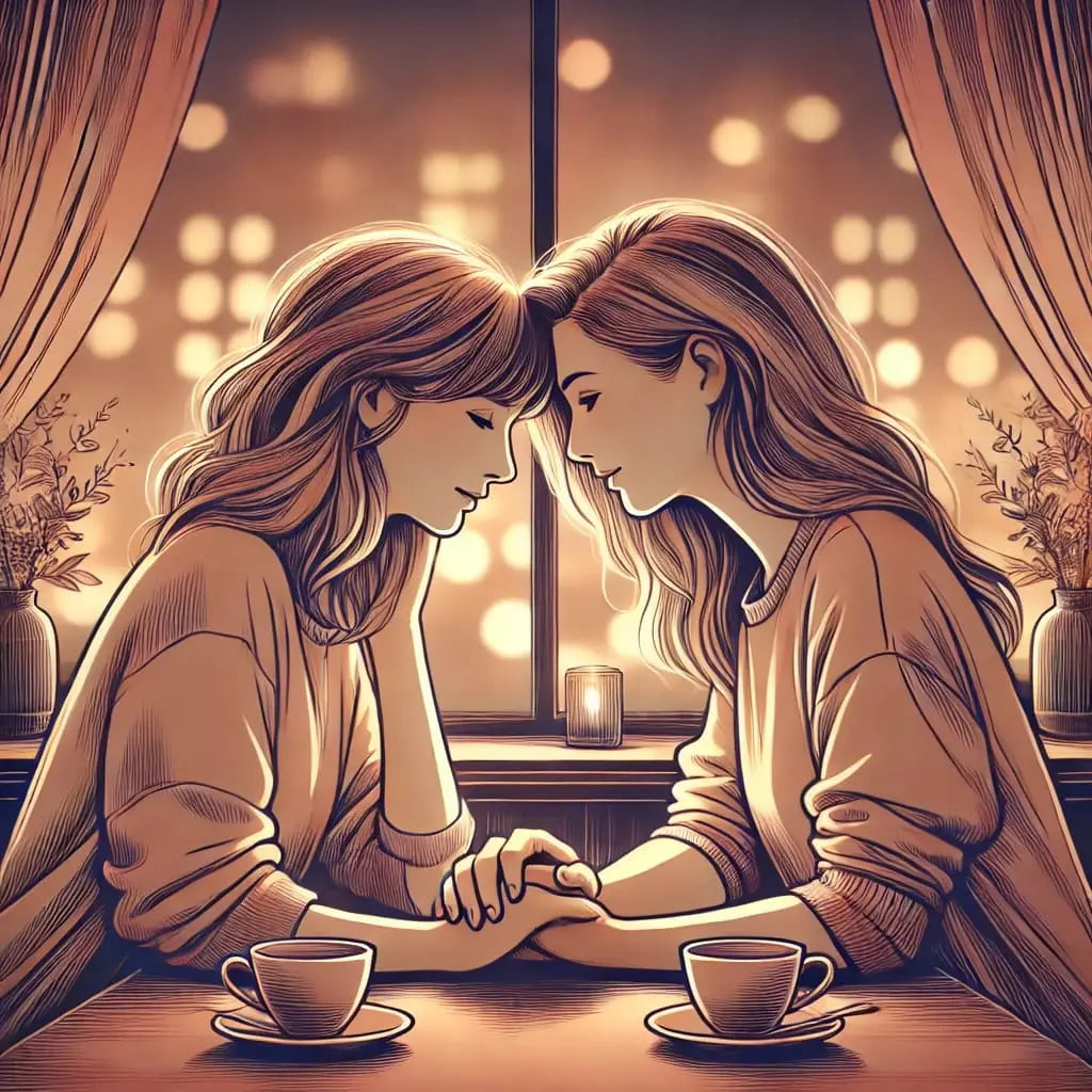 Zärtliche Szene mit zwei Frauen bei Kerzenlicht beim Tee, romantisch-ruhige Atmosphäre – queere Verbindung im Alltag.