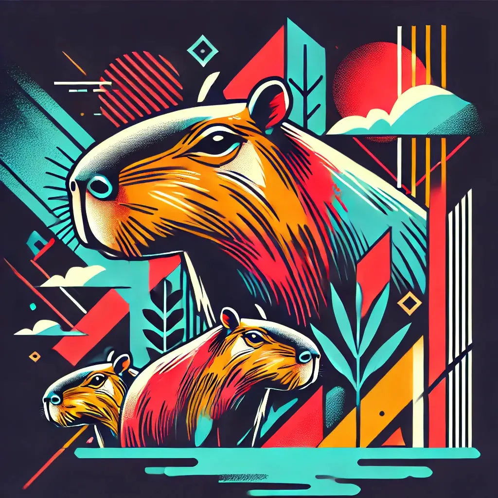 Capybara im knalligen Pop-Art-Stil vor geometrischem Hintergrund