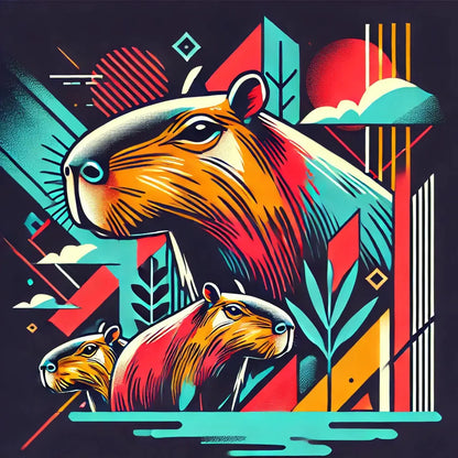 Capybara im knalligen Pop-Art-Stil vor geometrischem Hintergrund
