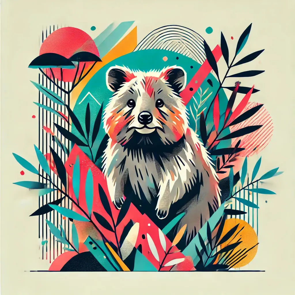 Capybara im Retro-Illustrationsstil mit tropischem Laub und Herzsymbolen