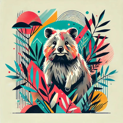 Capybara im Retro-Illustrationsstil mit tropischem Laub und Herzsymbolen