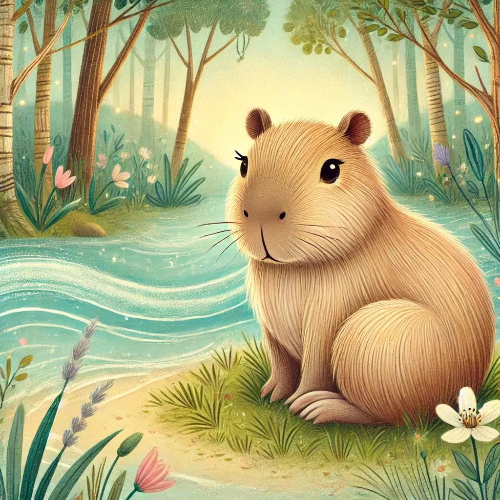 Capybara am Bach mit Blumen im Vordergrund

