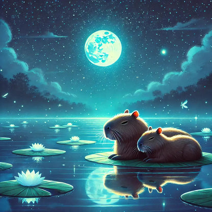 Capybaras am See bei Nacht unter einem leuchtenden Vollmond