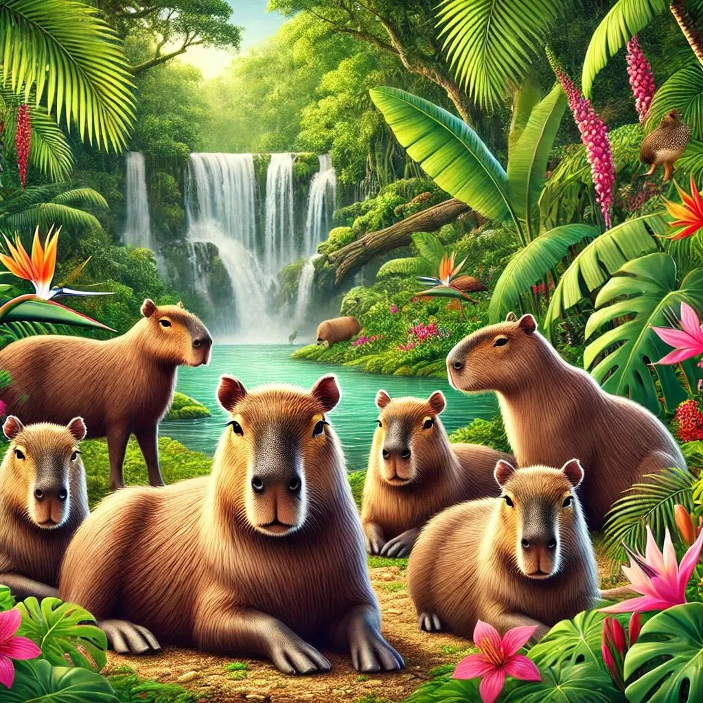 Gruppe Capybaras an einem Wasserfall in tropischer Umgebung