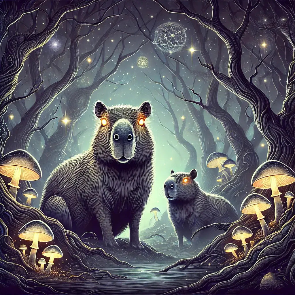 Capybara bei Nacht im Wald mit mystischen Pilzen und Vollmond