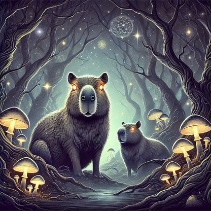 Capybara bei Nacht im Wald mit mystischen Pilzen und Vollmond