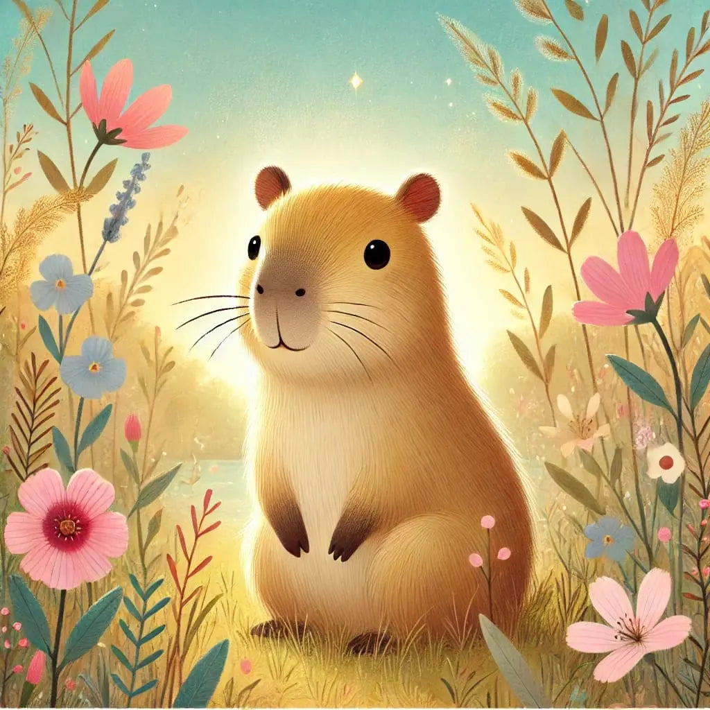 Capybara am Bach mit Blumen im Vordergrund