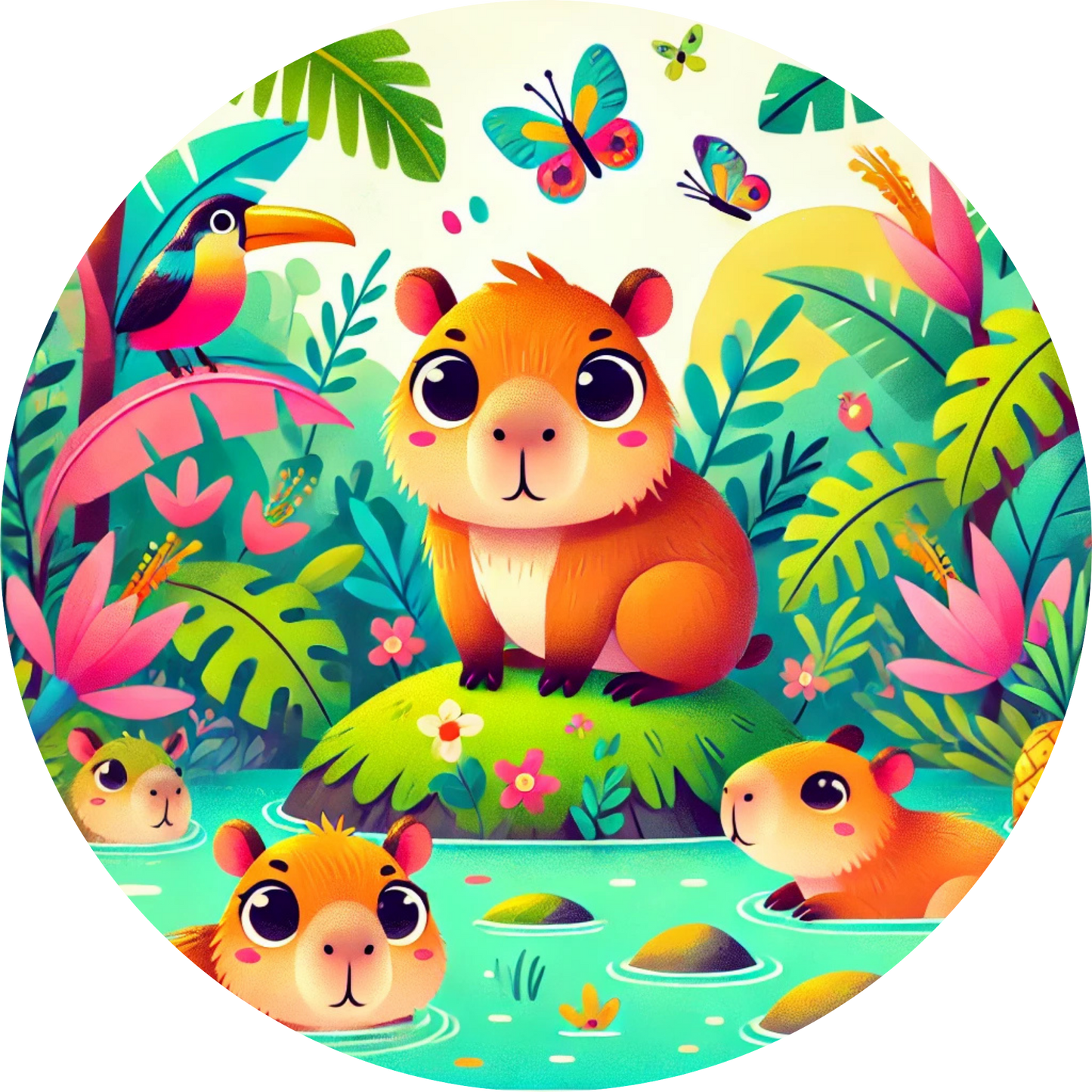 Capybaras am bunten Flussufer im Dschungel