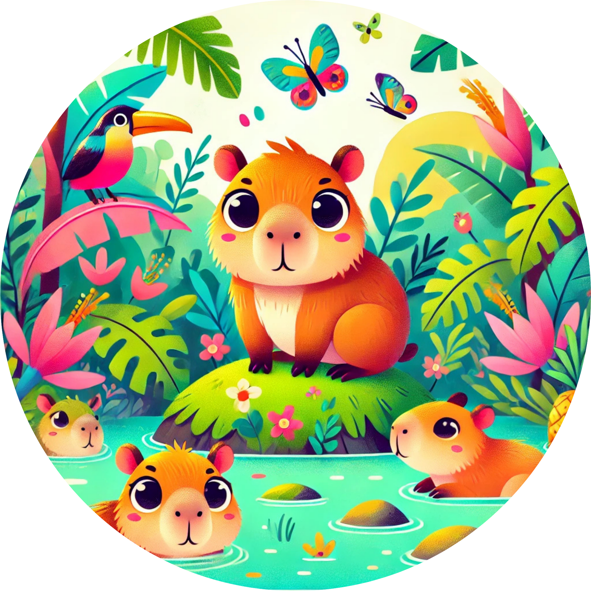 Capybaras am bunten Flussufer im Dschungel