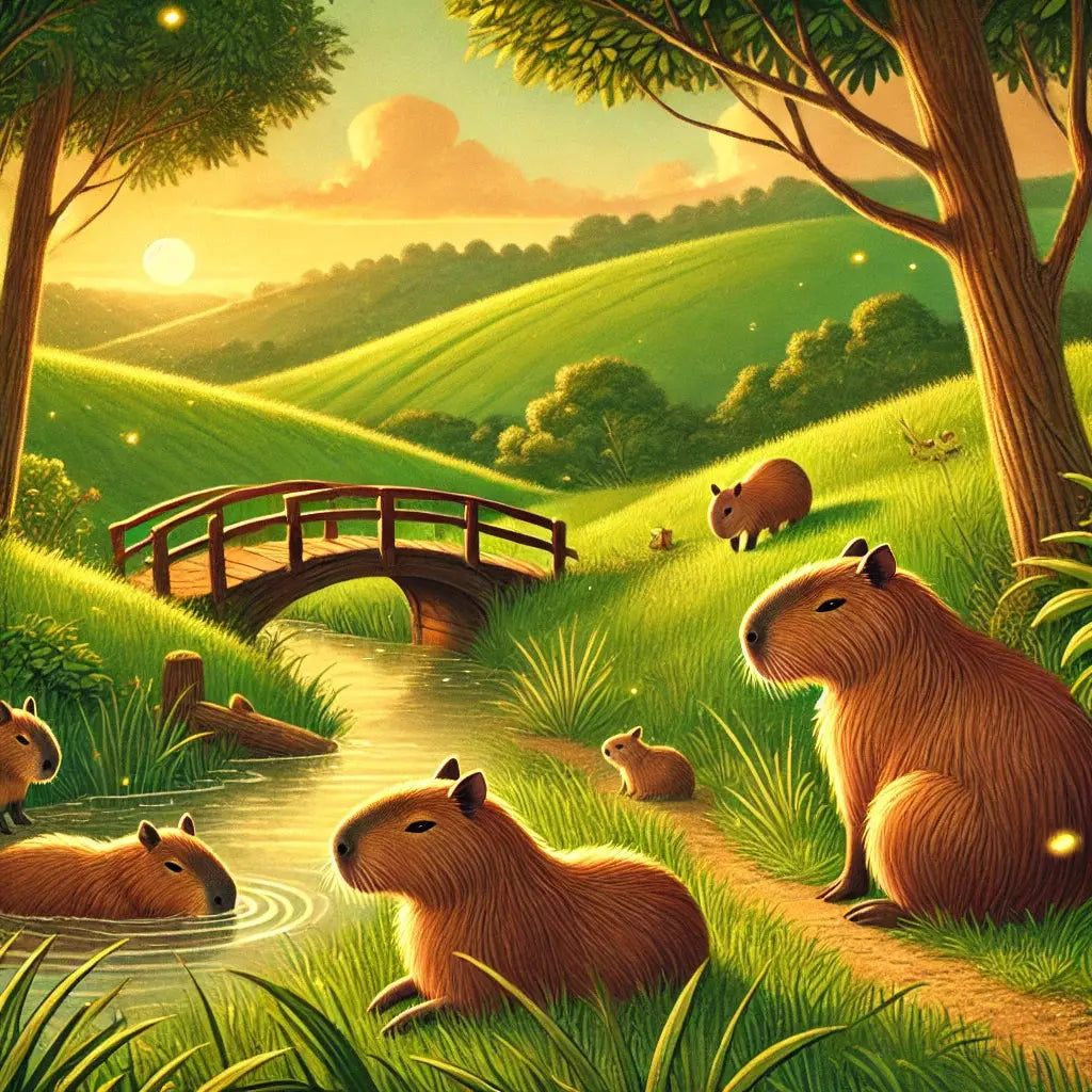 Capybaras auf einer Blumenwiese bei Sonnenuntergang mit Holzzaun