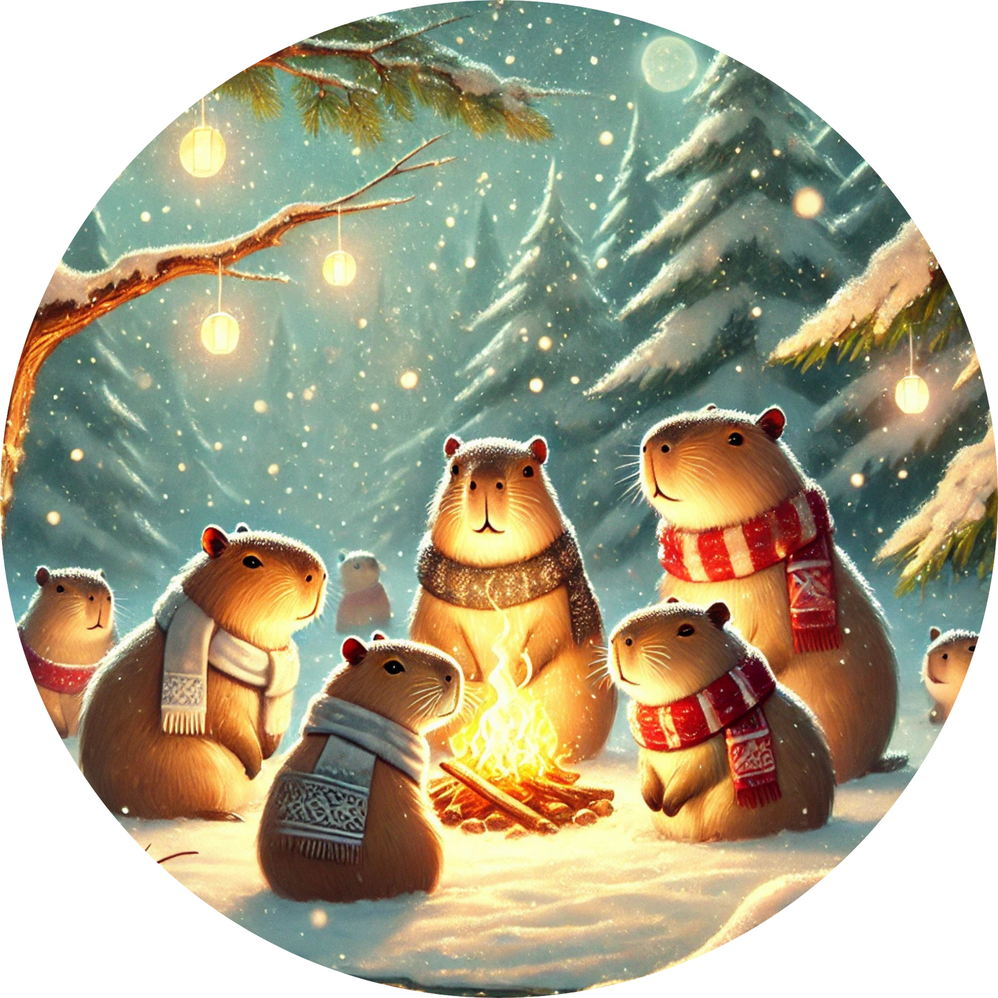 Gruppe von Capybaras sitzt am Lagerfeuer im verschneiten Wald
