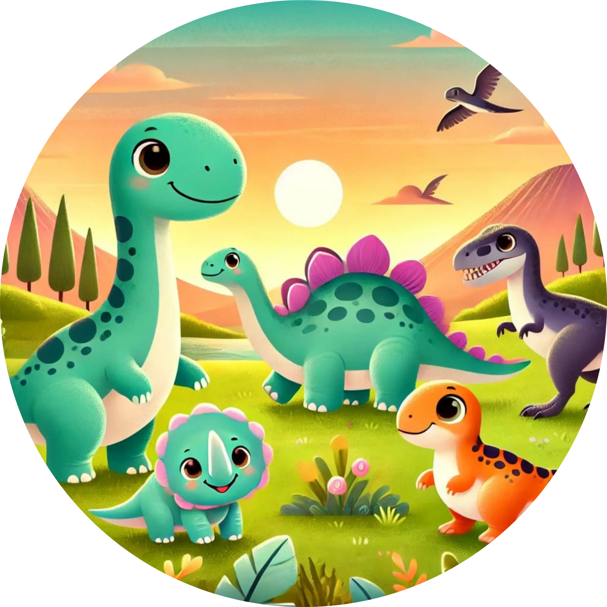 Cartoon-Dinos in hellgrüner Landschaft mit Pflanzen und Vögeln