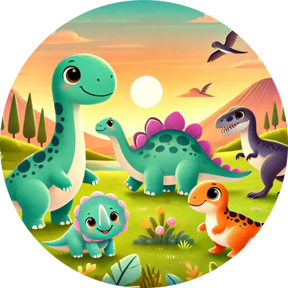 Cartoon-Dinos in hellgrüner Landschaft mit Pflanzen und Vögeln