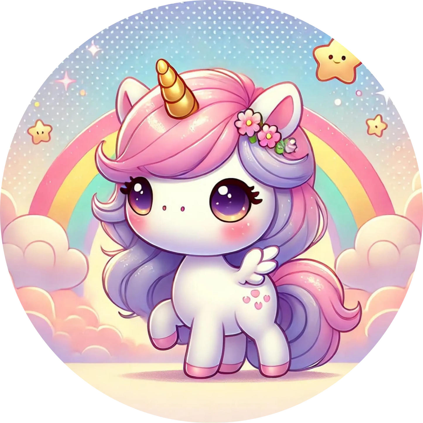 Cartoon-Einhorn mit Herzchen und buntem Regenbogen
