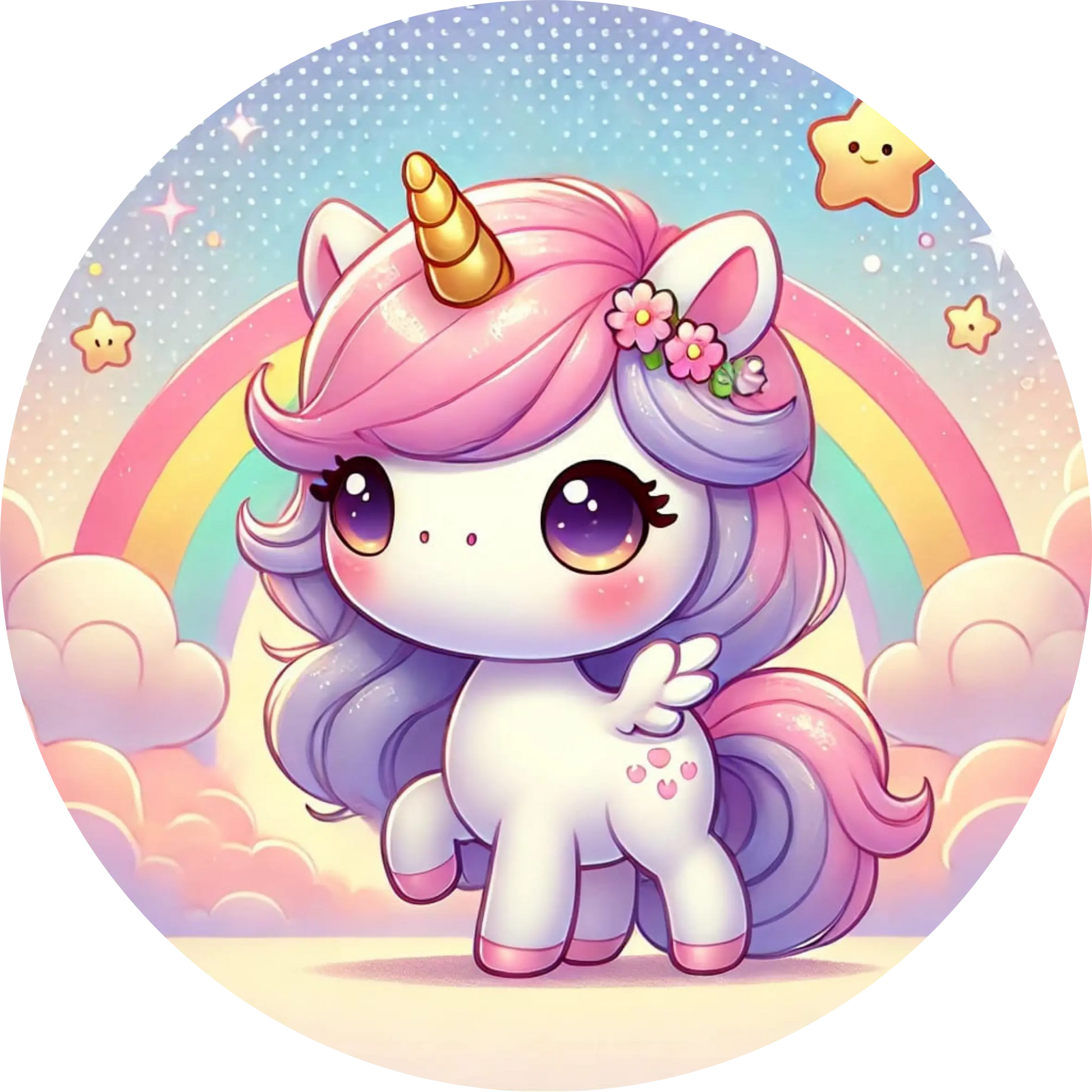 Cartoon-Einhorn mit Herzchen und buntem Regenbogen
