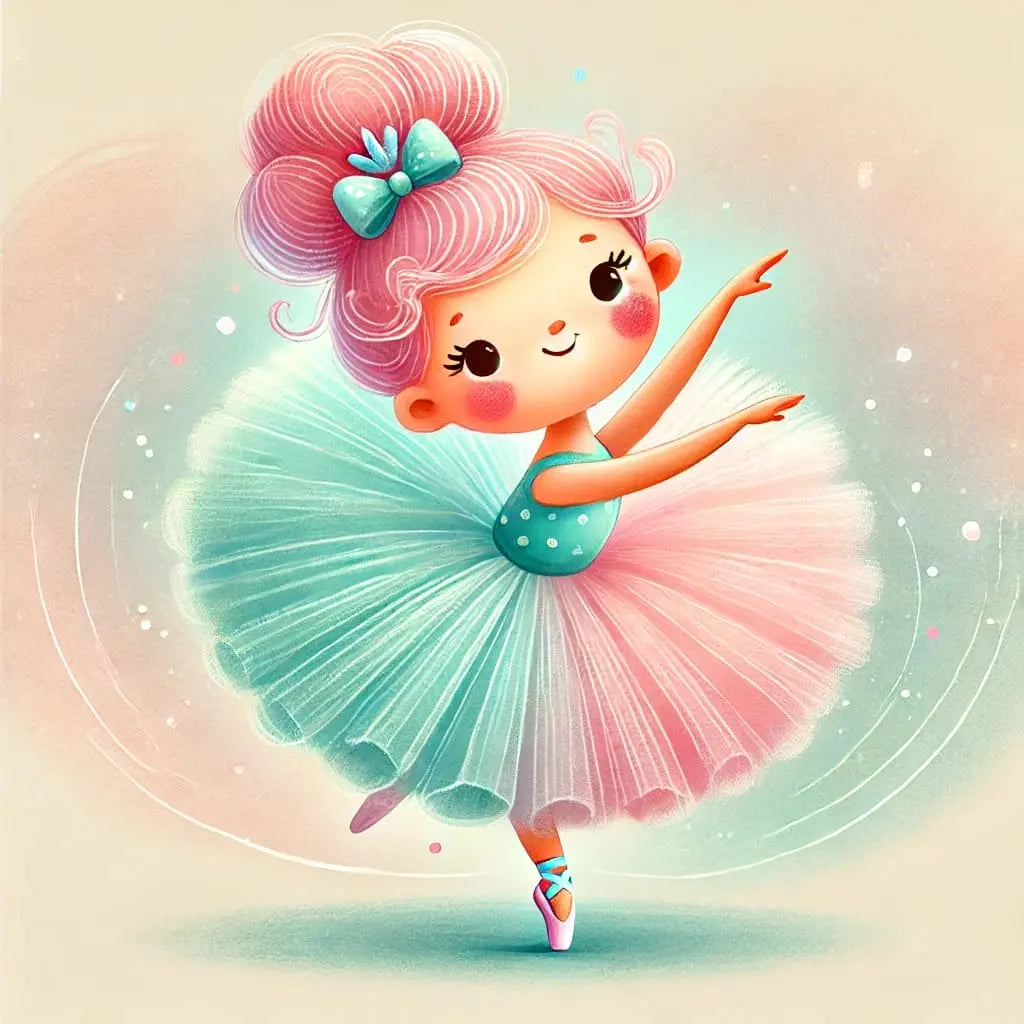 Fröhliche Cartoon-Ballerina mit buntem Tutu und bunten Haaren – fantasievoll & verspielt.