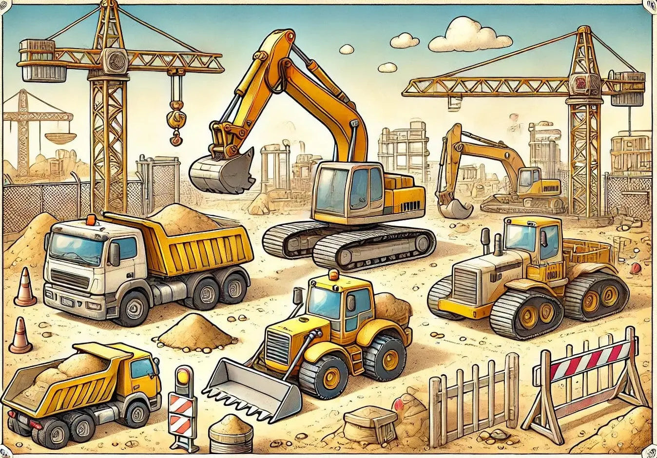 Klassische Baustellenfahrzeuge im Cartoon-Stil auf einer grünen Wiese.