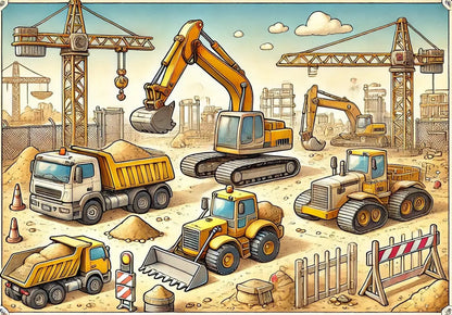 Klassische Baustellenfahrzeuge im Cartoon-Stil auf einer grünen Wiese.
