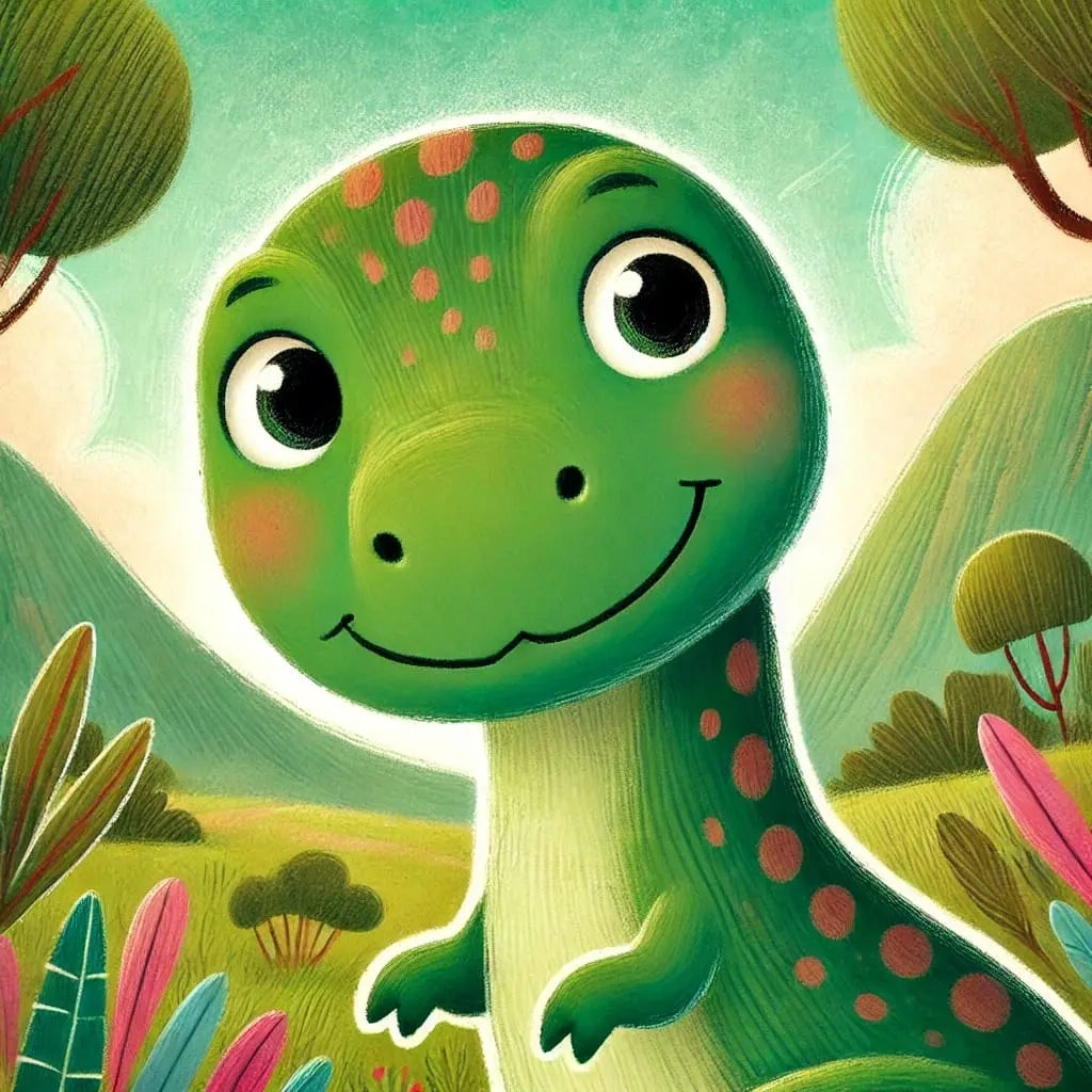 Fröhlich blickender, grüner Cartoon-Dino mit buntem Urwaldhintergrund