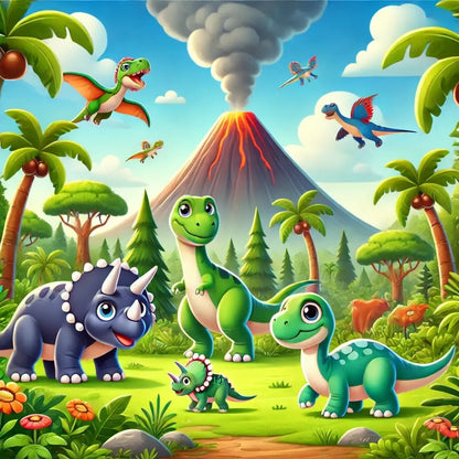Lustige Cartoon-Dinos mit Vulkan im Hintergrund in fröhlicher Szene