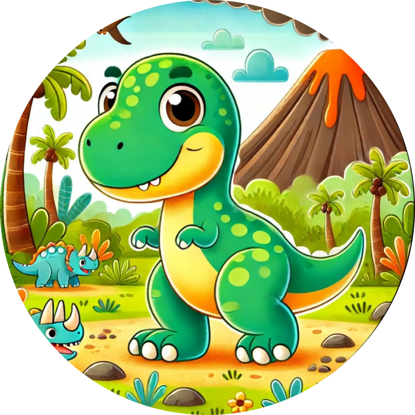 Cartoon-T-Rex grinst vor Palme und Vulkan – farbenfrohes und modernes Kinderdesign