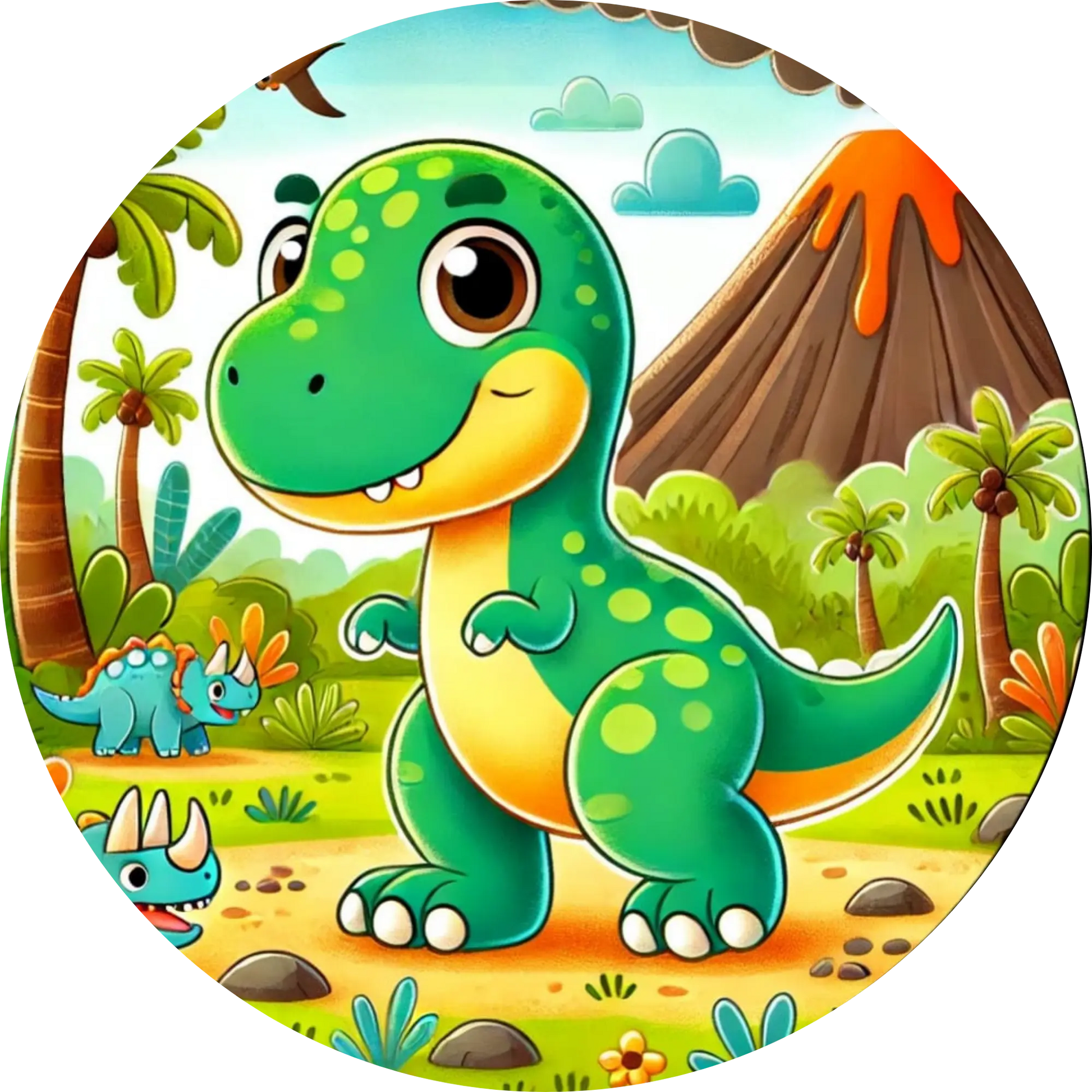 Cartoon-T-Rex grinst vor Palme und Vulkan – farbenfrohes und modernes Kinderdesign