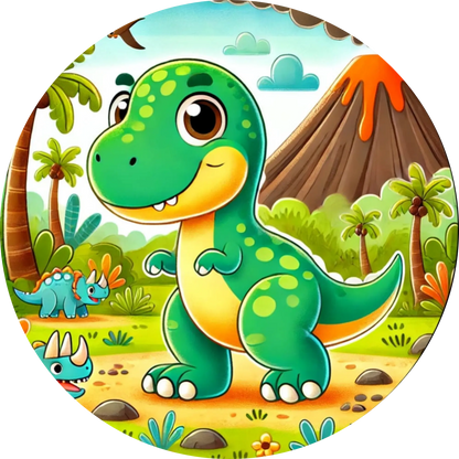 Cartoon-T-Rex grinst vor Palme und Vulkan – farbenfrohes und modernes Kinderdesign
