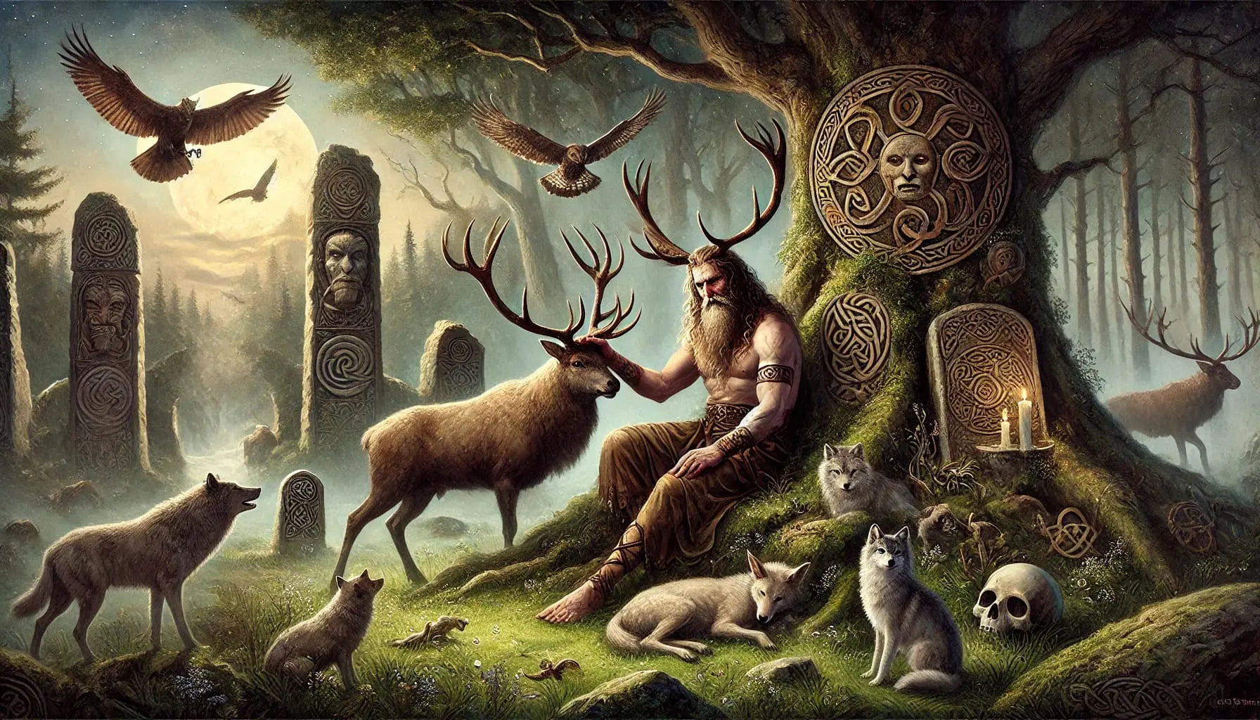 Naturgott Cernunnos im Wald: Gehörnter Gott mit Hirschen, Wölfen und keltischen Steinsymbolen unter dem Vollmond.