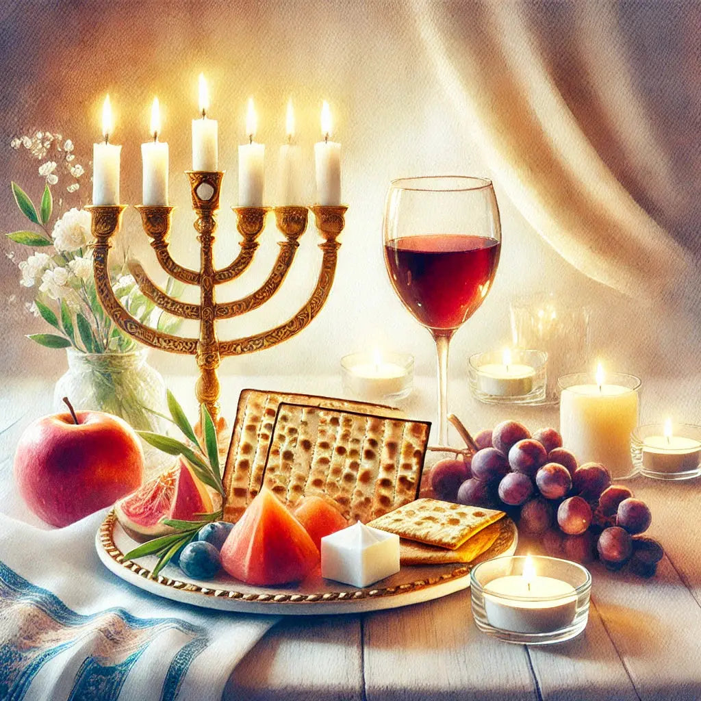 Chanukka-Aufleger mit Menora, Wein, Trauben und jüdischen Symbolen