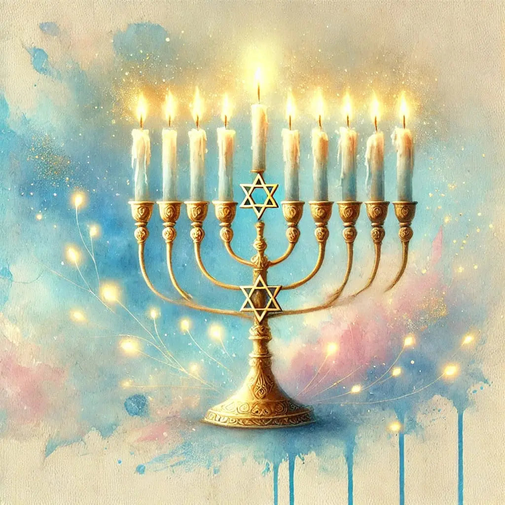 Chanukka-Leuchter auf Aquarell-Hintergrund – Goldene Menora auf zartem, blauem Aquarellhintergrund – festlich und modern interpretiert.