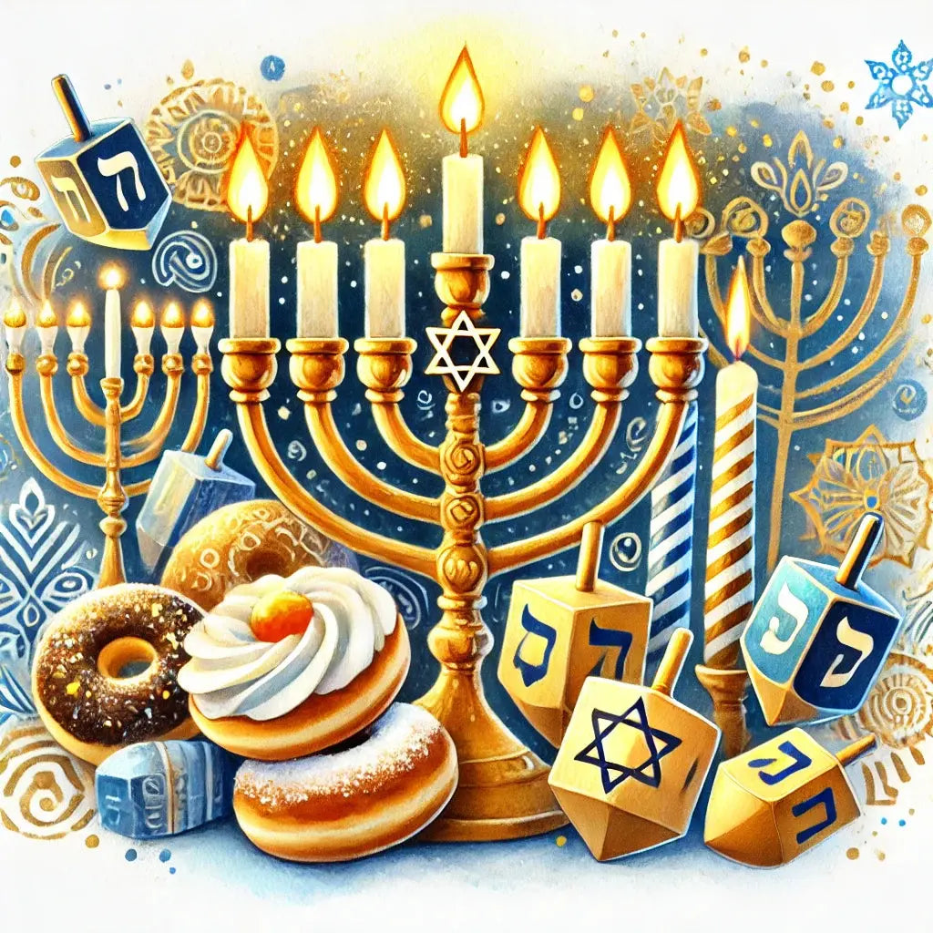 Chanukka mit goldener Menora – Festlich geschmückter Chanukka-Tisch mit goldener Menora, Davidstern, Geschenken und traditionellen Leckereien.