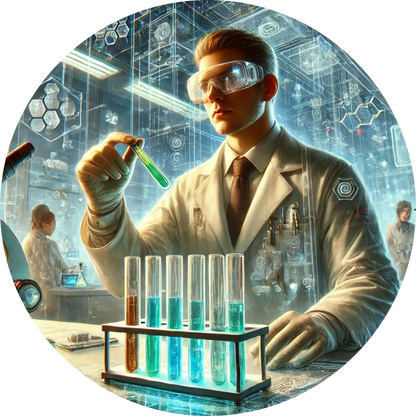 Chemiker führt Laborversuche mit Reagenzgläsern und Schutzbrille durch