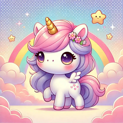 Niedliches Chibi-Einhorn mit Sternen und Herz auf rosa Hintergrund – kawaii-Stil für Kinder.