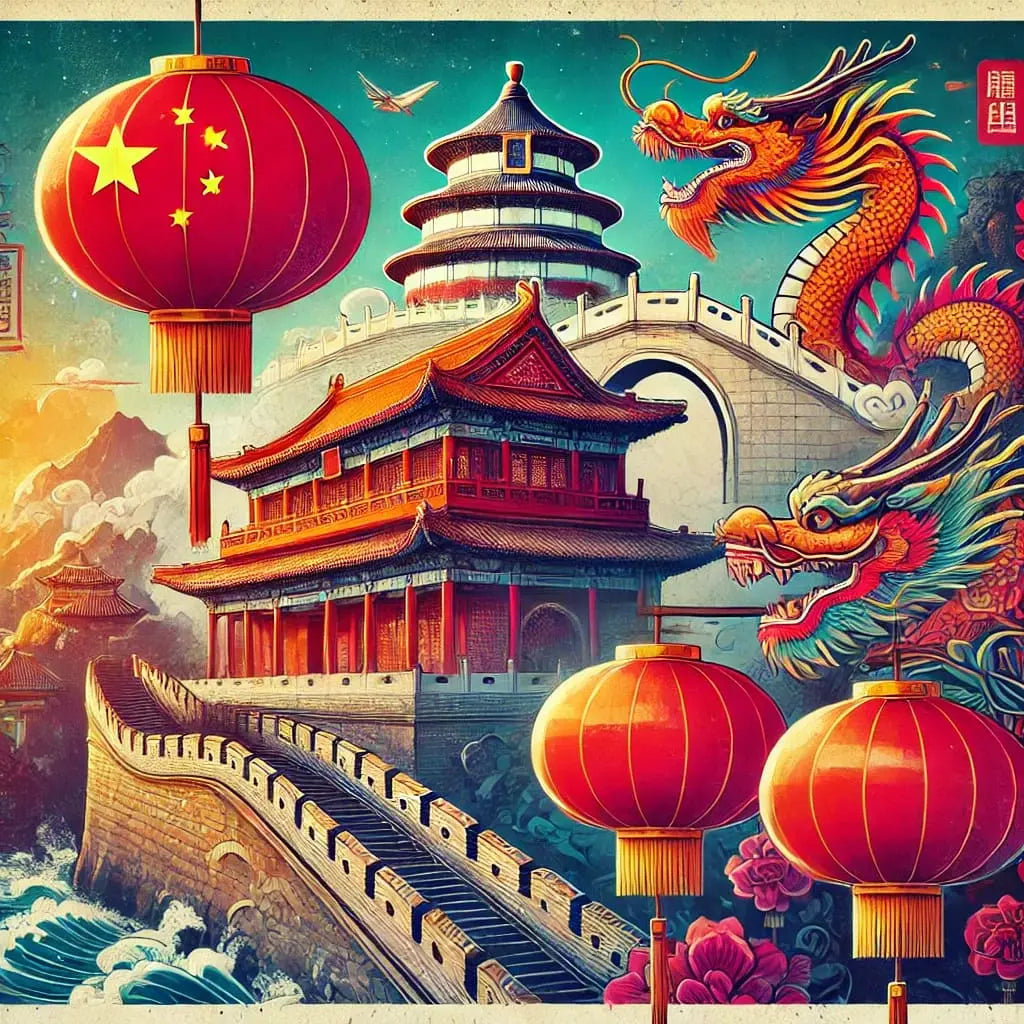 Detailreiche Szene mit chinesischem Tempel, rotem Drachen, Laternen und goldener Farbwelt – Symbolik von Tradition und Festlichkeit.