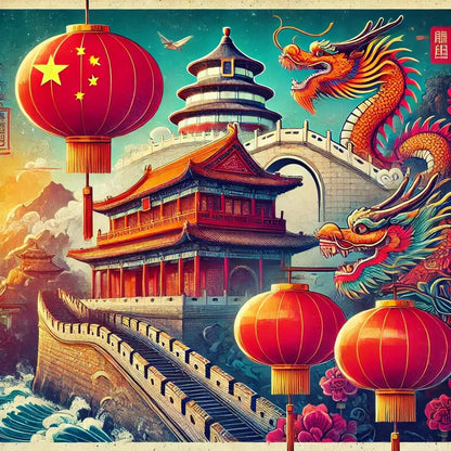 Detailreiche Szene mit chinesischem Tempel, rotem Drachen, Laternen und goldener Farbwelt – Symbolik von Tradition und Festlichkeit.