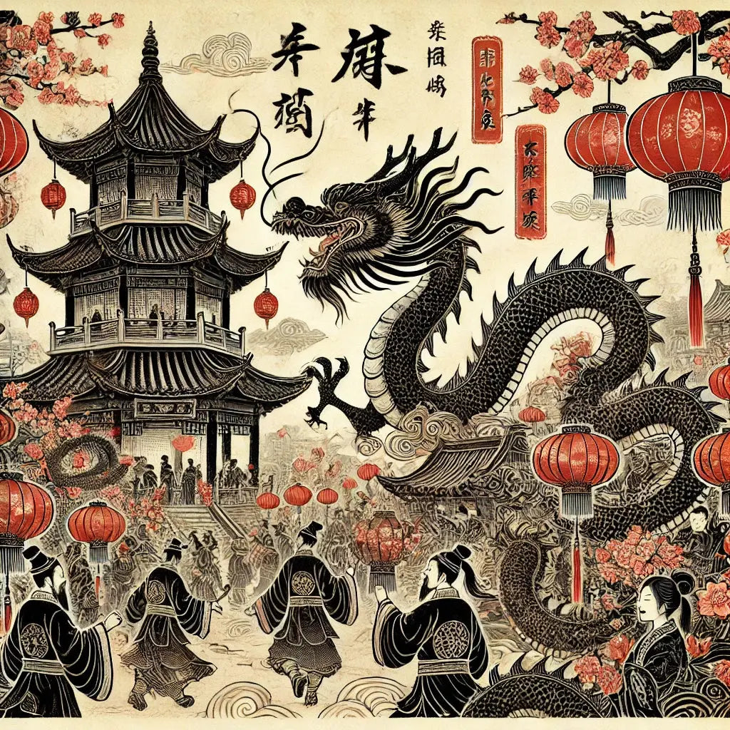 Rote Laternen, Drachen und Lichter zum chinesischen Neujahrsfest