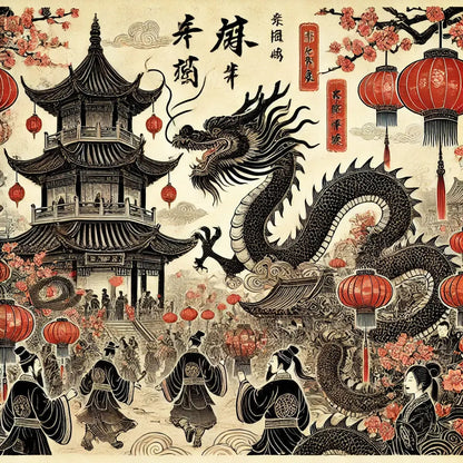 Rote Laternen, Drachen und Lichter zum chinesischen Neujahrsfest